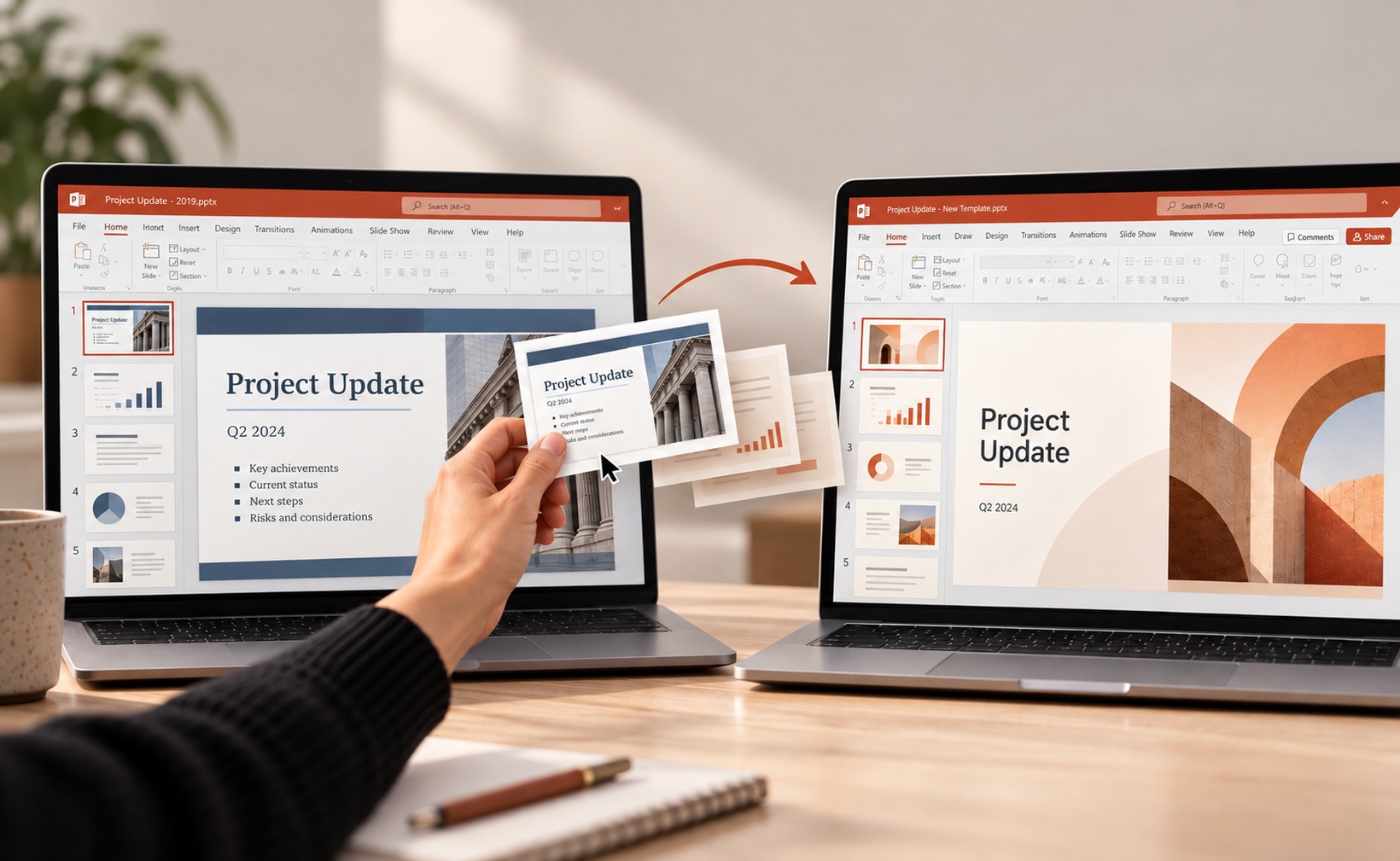 Deux ordinateurs affichent une ancienne charte PowerPoint et un nouveau modèle ; des diapositives sont transférées entre les présentations.