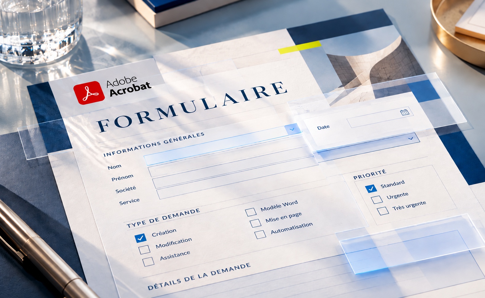 Formulaire PDF interactif Adobe Acrobat : champs de saisie, cases à cocher, listes déroulantes et zones remplissables.