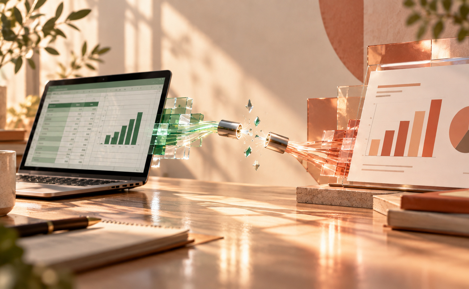 Connexion interrompue entre un tableur Excel et un graphique PowerPoint, illustrée par une composition éditoriale aux tons chauds.