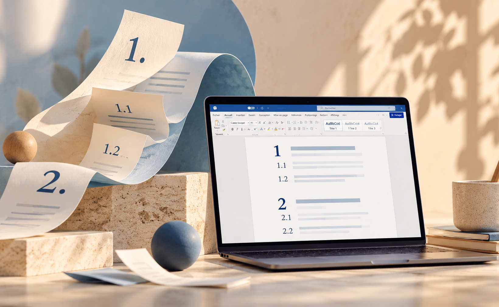 Numérotation des titres Word illustrée dans une composition éditoriale consacrée aux listes multiniveaux.