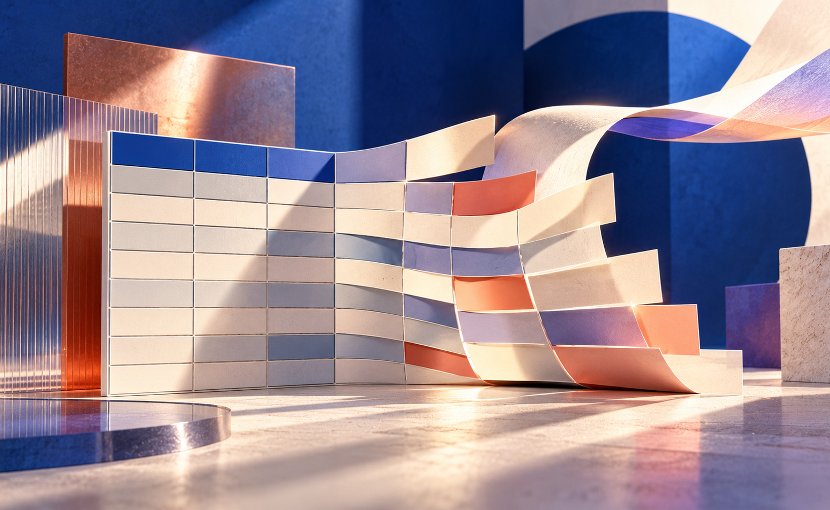 Tableau Word représenté par une grille de colonnes déformées, dans une composition abstraite bleue et corail.